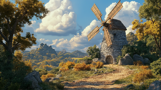 Papier peint moulin Scène bucolique avec un moulin à vent et un paysage tranquille