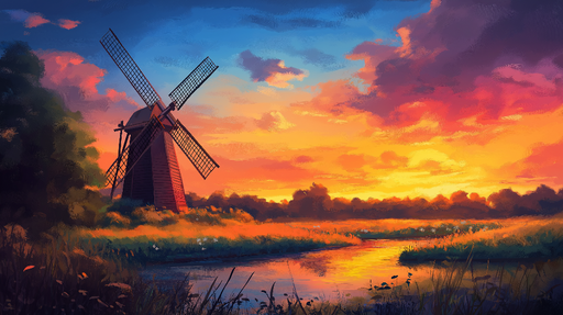 Papier peint moulin Scène paisible d'un moulin au coucher de soleil
