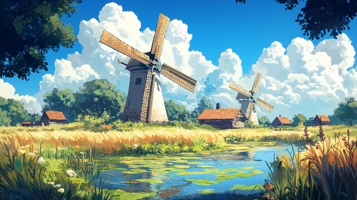 Papier peint moulin Scène paisible de moulins à vent en pleine nature