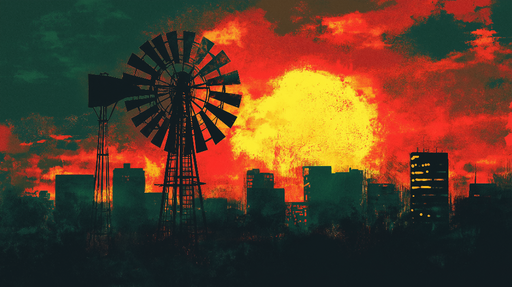 Papier peint moulin Silhouette d'un moulin au coucher de soleil flamboyant