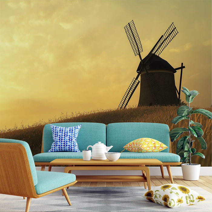Papier peint moulin | Un moulin à vent paisible au coucher de soleil