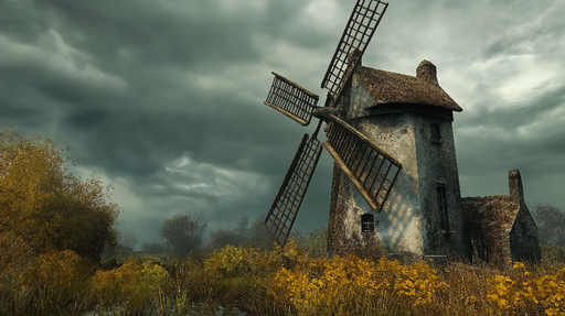Papier peint moulin Un moulin à vent pittoresque au milieu d'une nature dorée