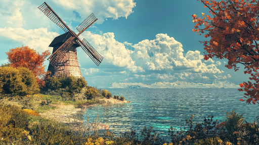 Papier peint moulin Un moulin en bois entouré de paysages naturels luxuriants