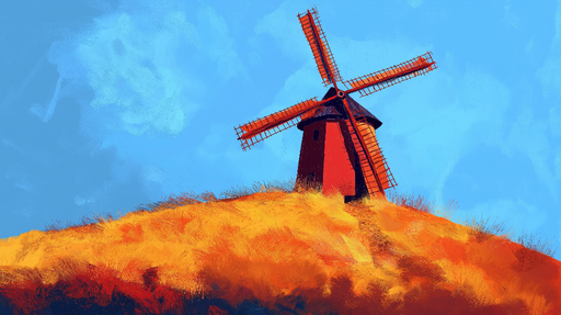 Papier peint moulin Un moulin en toile de fond colorée avec des champs dorés