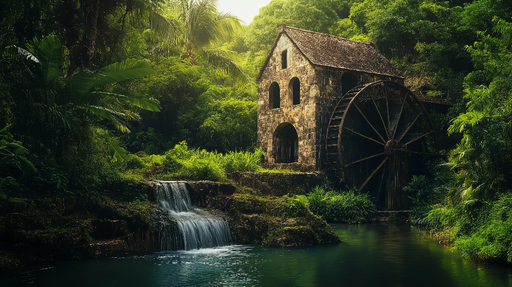 Papier peint moulin Une scène bucolique avec un moulin à eau et une cascade