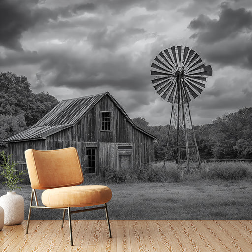 Une pièce moderne avec un papier peint en noir et blanc représentant une grange rustique et une éolienne, créant une ambiance nostalgique et sereine.