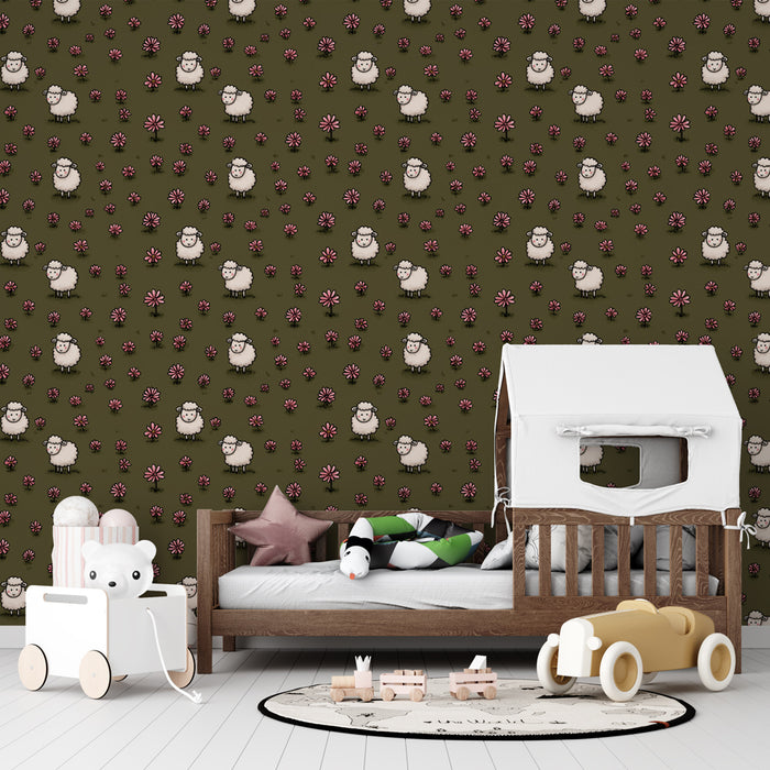 Une chambre d'enfant avec un papier peint illustré de moutons blancs sur fond vert olive, agrémenté de fleurs roses, créant une atmosphère douce et ludique.