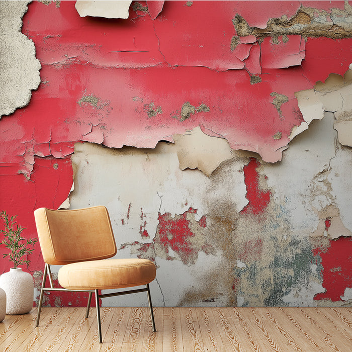 Papier peint mur abimé | Mur texturé rouge et beige avec peinture écaillée