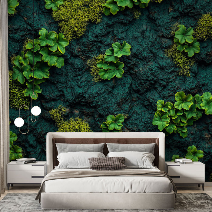 Une chambre moderne avec un papier peint texturé vert foncé et des motifs de feuilles luxuriantes créant une atmosphère naturelle et apaisante.