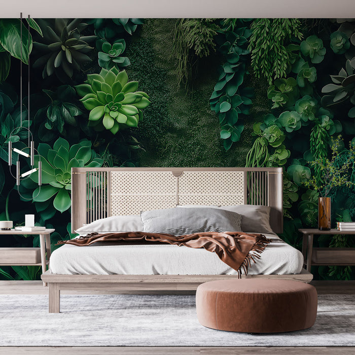 Une chambre moderne avec un papier peint végétal luxuriant, aux teintes vertes profondes et aux motifs de succulentes, créant une atmosphère apaisante et naturelle.
