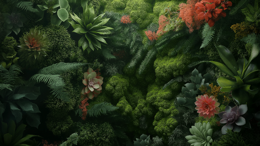Papier peint mur végétal Mur texturé avec plantes luxuriantes et fleurs colorées