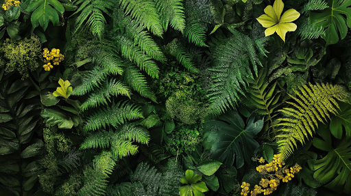 Papier peint mur végétal Un mélange luxuriant de feuilles vertes et de fleurs jaunes