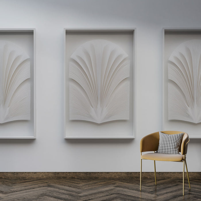 Une pièce moderne avec un papier peint texturé en relief blanc évoquant des motifs de feuilles, créant une ambiance élégante et apaisante.