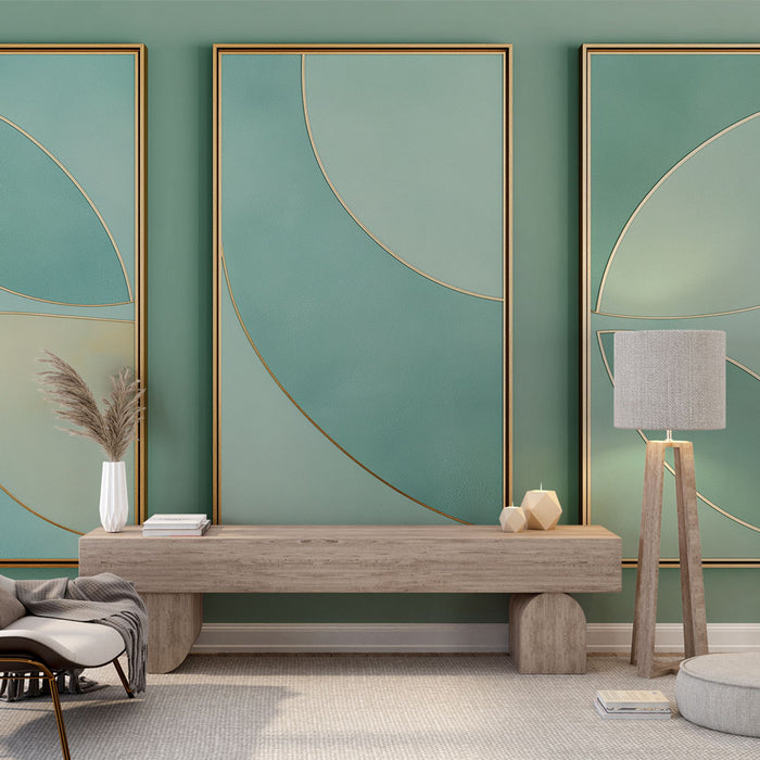 Une pièce moderne avec un papier peint aux teintes vertes dégradées, orné de motifs géométriques dorés, créant une ambiance apaisante et élégante.