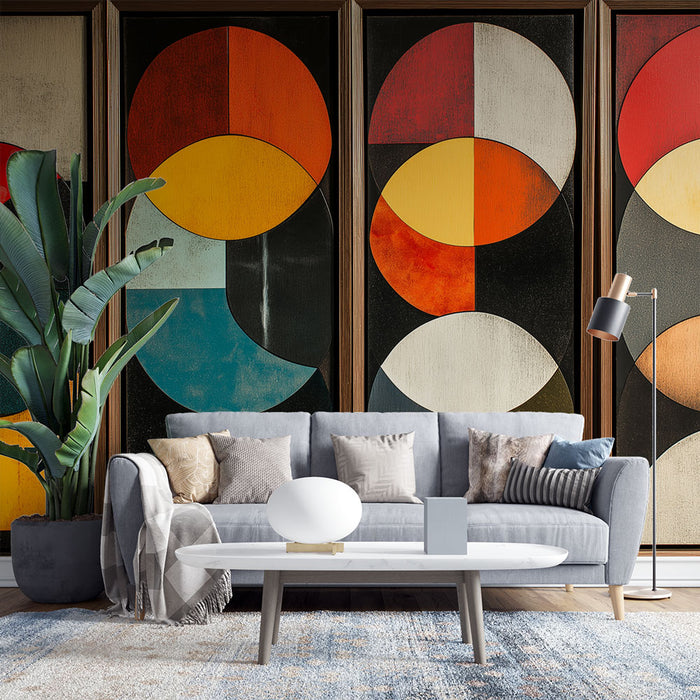 Un salon contemporain avec un papier peint géométrique aux cercles colorés dans des teintes vives, créant une ambiance dynamique et artistique.