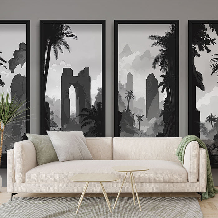 Un salon moderne avec un papier peint en noir et blanc représentant des ruines mystérieuses entourées de palmiers, créant une ambiance à la fois artistique et intrigante.