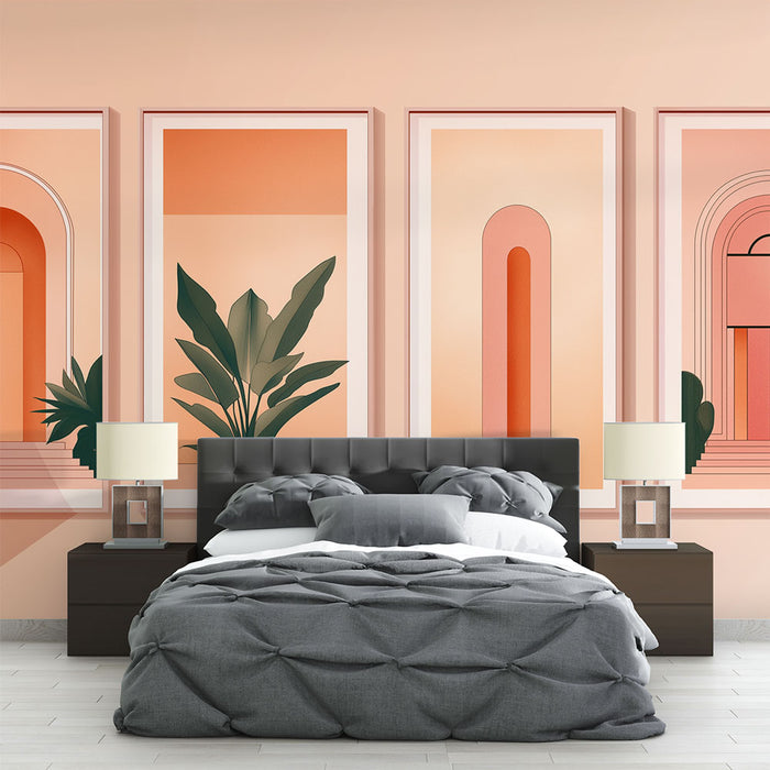 Une chambre moderne avec un papier peint aux motifs abstraits dans des teintes de rose et orange, agrémenté de plantes stylisées, créant une atmosphère chaleureuse et accueillante.