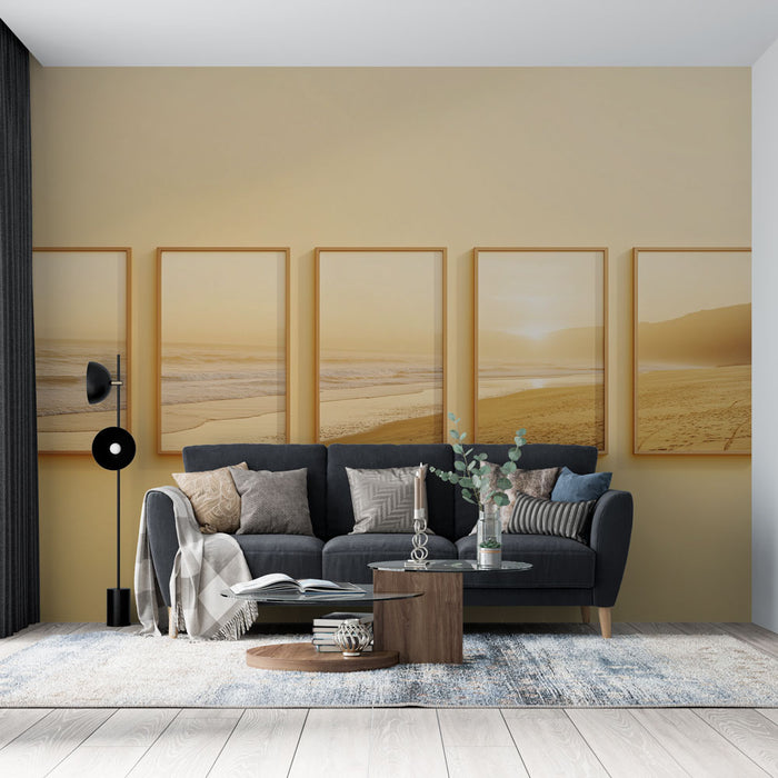 Un salon moderne avec un papier peint beige clair évoquant des paysages marins, créant une atmosphère apaisante et chaleureuse.