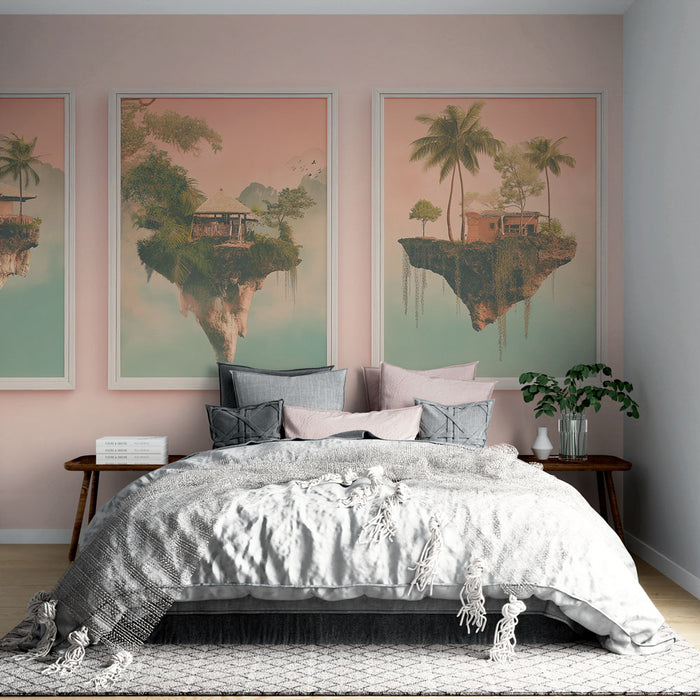 Une chambre apaisante avec un papier peint représentant des paysages flottants aux teintes pastel, évoquant une ambiance rêveuse et naturelle.