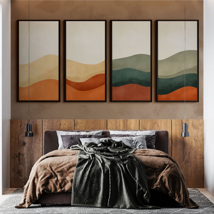 Une chambre moderne avec un papier peint aux teintes douces et chaudes, représentant des ondulations en terre cuite et vert, créant une atmosphère apaisante.