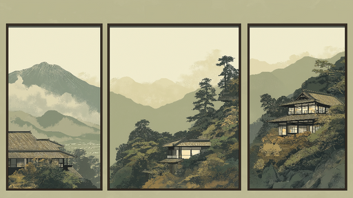 Papier peint mural tableau imitation paysages japonais Montagnes et maisons traditionnelles