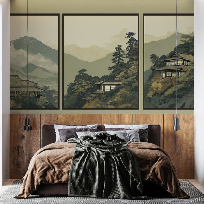 Papier peint mural tableau imitation paysages japonais | Montagnes et maisons traditionnelles