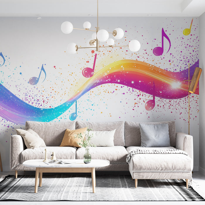 Papier peint musical avec effets colorés et notes de musique dansantes pour salon moderne