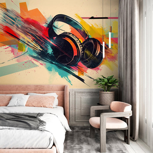 Une chambre moderne avec un papier peint artistique représentant des écouteurs sur un fond coloré éclatant, créant une ambiance dynamique et créative.