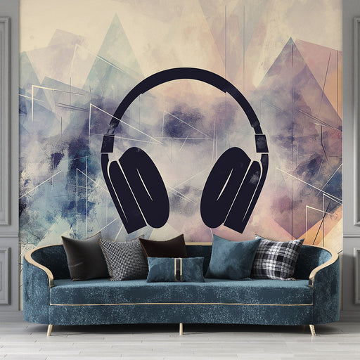 Un salon moderne avec un papier peint abstrait aux teintes pastel et un motif de casque audio, créant une ambiance artistique et dynamique.