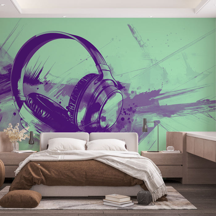 Une chambre moderne avec un papier peint artistique représentant un casque audio violet sur fond vert, créant une ambiance dynamique et créative.
