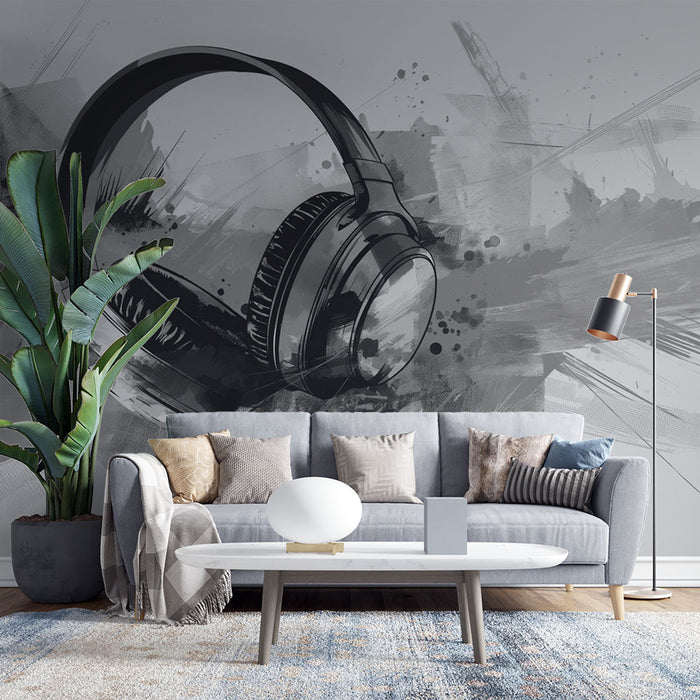 Un salon contemporain avec un papier peint artistique représentant des écouteurs en noir et blanc sur fond gris, créant une ambiance dynamique et moderne.