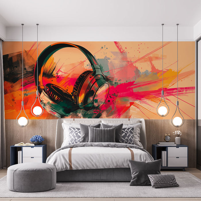Une chambre moderne avec un papier peint artistique représentant des écouteurs sur un fond vibrant aux éclaboussures de couleurs chaudes et dynamiques.