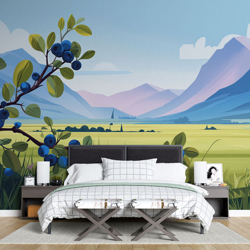 Une chambre moderne avec un papier peint illustratif représentant un paysage montagneux coloré, mêlant des nuances de bleu et de vert, créant une atmosphère apaisante et naturelle.