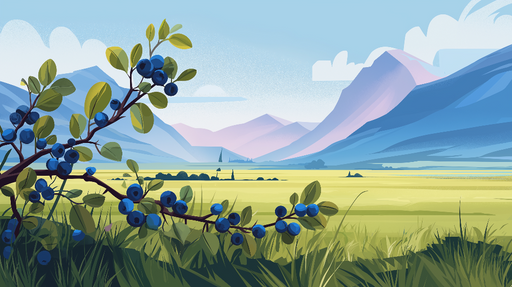 Papier peint myrtilles Branche de myrtilles sur fond montagneux apaisant