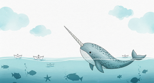 Papier peint narval Un adorable narval nageant parmi des nuages légers et des bateaux en papier