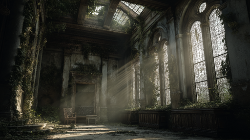 Papier peint nature abandonnée Salle en ruines avec lumière douce et végétation luxuriante