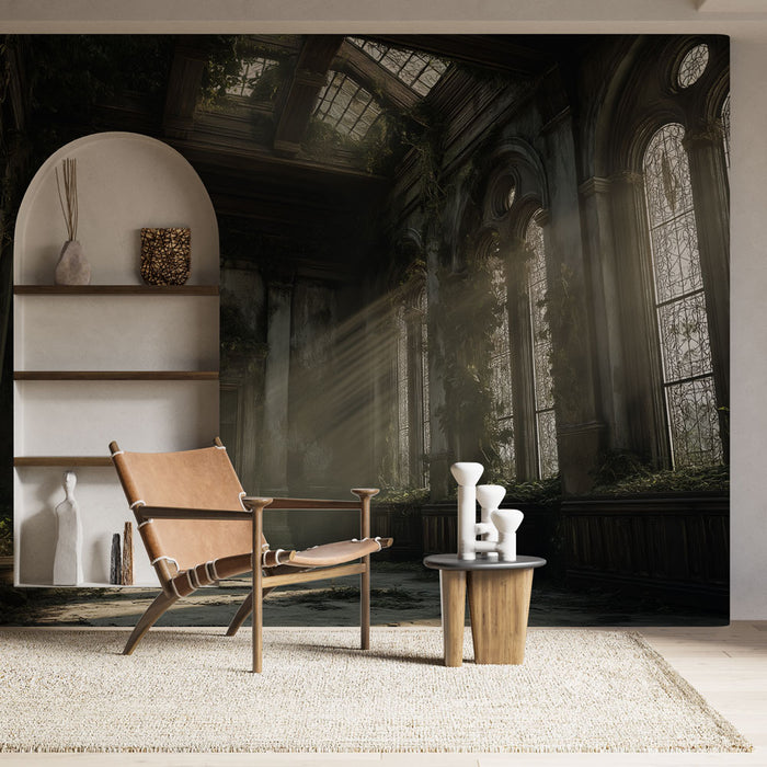 Une pièce lumineuse avec un papier peint représentant des murs anciens envahis par la végétation, créant une atmosphère à la fois mystérieuse et apaisante.