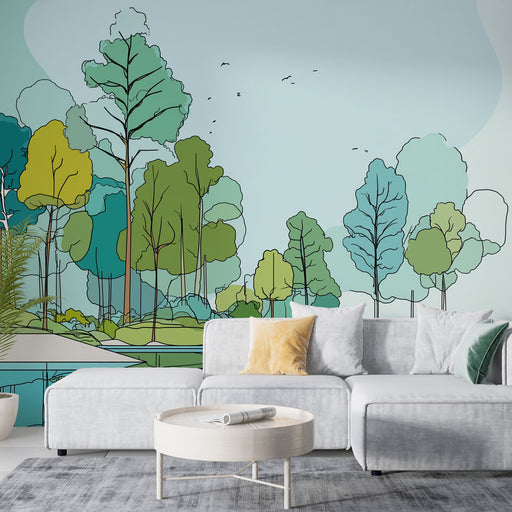 Un salon contemporain avec un papier peint illustrant un paysage forestier stylisé aux teintes vertes et bleues, créant une atmosphère apaisante et naturelle.