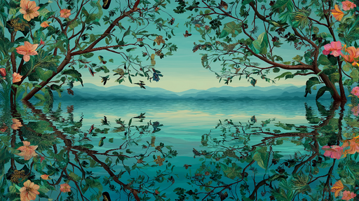 Papier peint nature aquatique Feuilles et fleurs reflétées dans un paysage paisible