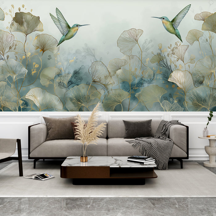 Une pièce moderne avec un papier peint floral représentant des colibris et des feuilles dorées sur fond bleu-vert, créant une ambiance élégante et apaisante.