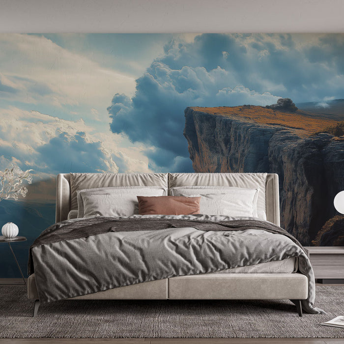 Une chambre moderne avec un papier peint représentant un paysage dramatique de falaises et de nuages, créant une atmosphère apaisante et inspirante.