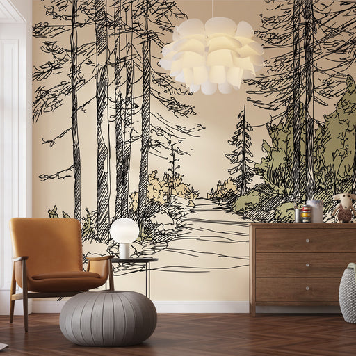 Une pièce moderne avec un papier peint illustratif représentant un chemin forestier en noir et beige, créant une atmosphère apaisante et naturelle.