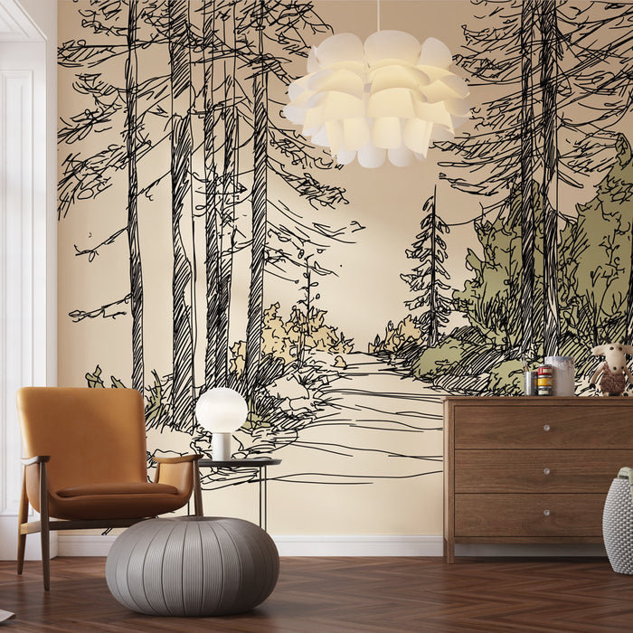 Une pièce moderne avec un papier peint illustratif représentant un chemin forestier en noir et beige, créant une atmosphère apaisante et naturelle.
