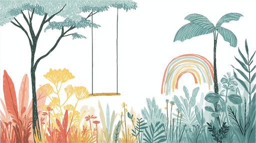 Papier peint nature joyeuse Balancelle sous un arbre avec un arc-en-ciel coloré