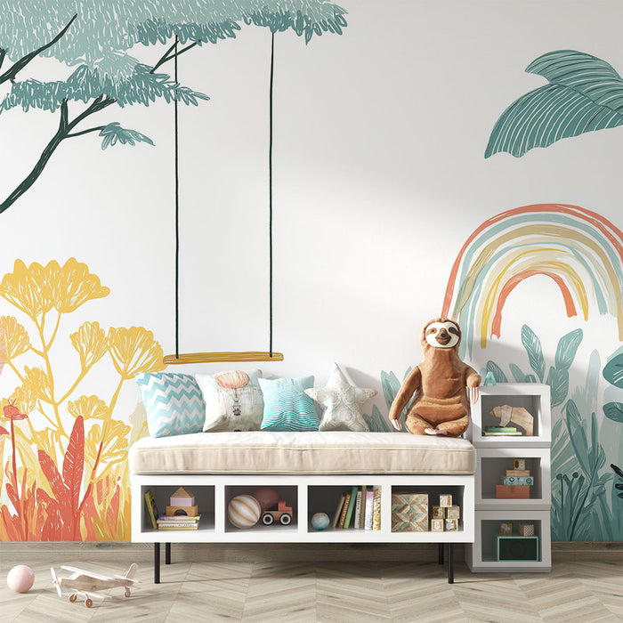 Une chambre d'enfant avec un papier peint illustrant des arbres stylisés et un arc-en-ciel coloré, créant une ambiance ludique et joyeuse.