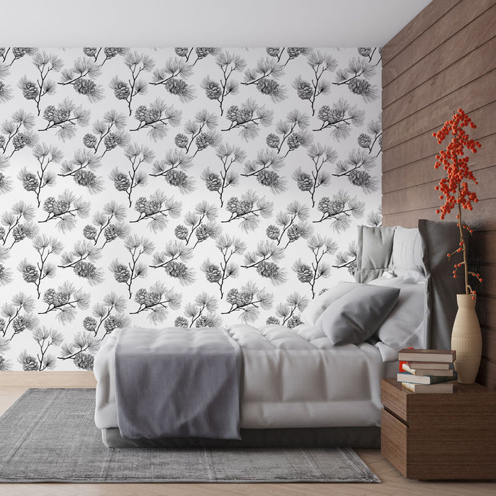 Une chambre moderne avec un papier peint noir et blanc représentant des branches et des cônes de pin, créant une atmosphère élégante et naturelle.