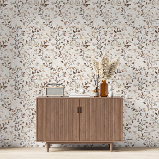 Une pièce moderne avec un papier peint floral aux motifs de branches délicates dans des teintes brunes et beige, créant une atmosphère chaleureuse et naturelle.