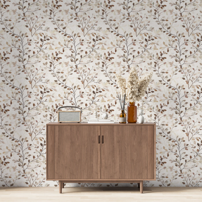 Une pièce moderne avec un papier peint floral aux motifs de branches délicates dans des teintes brunes et beige, créant une atmosphère chaleureuse et naturelle.