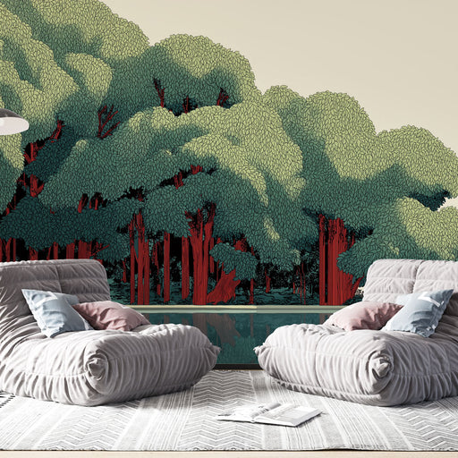Une pièce moderne avec un papier peint représentant une forêt stylisée aux arbres verts et rouges, créant une atmosphère apaisante et naturelle.
