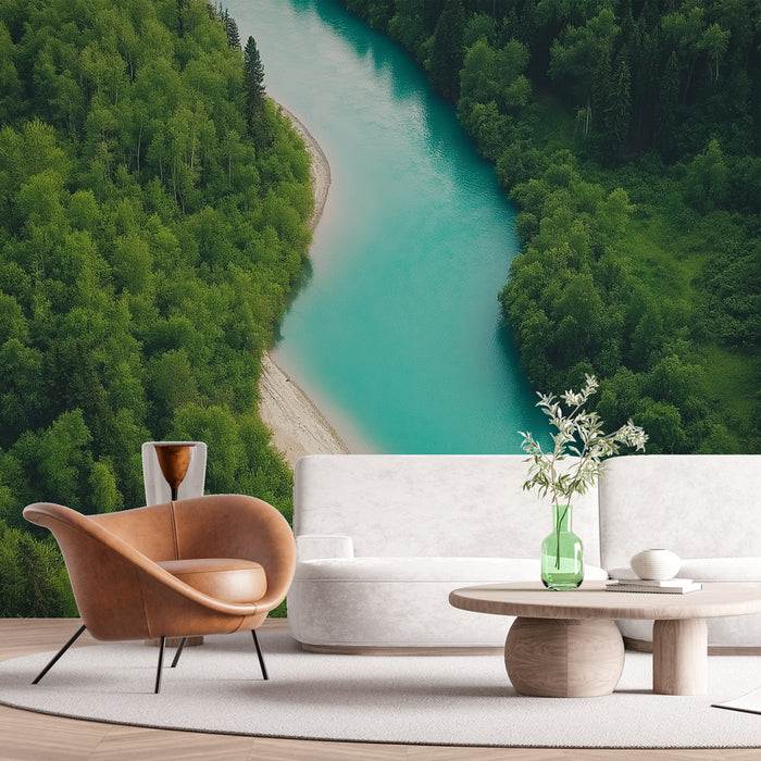 Un salon moderne avec un papier peint représentant un paysage naturel de rivière turquoise entourée de verdure, créant une atmosphère apaisante et rafraîchissante.